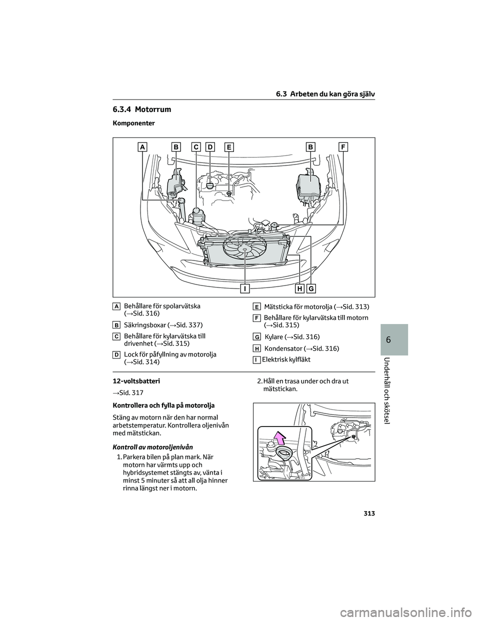 TOYOTA YARIS CROSS 2022 Bruksanvisningar (in Swedish) 6.3.4 Motorrum
Komponenter
ABehållare för spolarvätska
(→Sid. 316)
BSäkringsboxar (→Sid. 337)
CBehållare för kylarvätska till
drivenhet (→Sid. 315)
DLock för påfyllning av motorolja
( TOYOTA YARIS CROSS 2022 Bruksanvisningar (in Swedish) 6.3.4 Motorrum
Komponenter
ABehållare för spolarvätska
(→Sid. 316)
BSäkringsboxar (→Sid. 337)
CBehållare för kylarvätska till
drivenhet (→Sid. 315)
DLock för påfyllning av motorolja
(