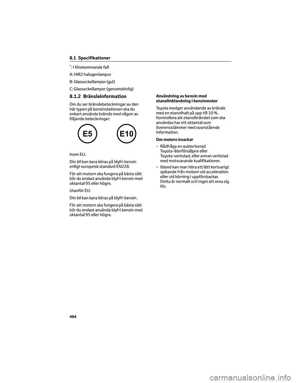 TOYOTA YARIS CROSS 2022 Bruksanvisningar (in Swedish) *: I förekommande fall
A: HIR2 halogenlampor
B: Glassockellampor (gul)
C: Glassockellampor (genomskinlig)
8.1.2 Bränsleinformation
Om du ser bränslebeteckningar av den
här typen på bensinstatione TOYOTA YARIS CROSS 2022 Bruksanvisningar (in Swedish) *: I förekommande fall
A: HIR2 halogenlampor
B: Glassockellampor (gul)
C: Glassockellampor (genomskinlig)
8.1.2 Bränsleinformation
Om du ser bränslebeteckningar av den
här typen på bensinstatione