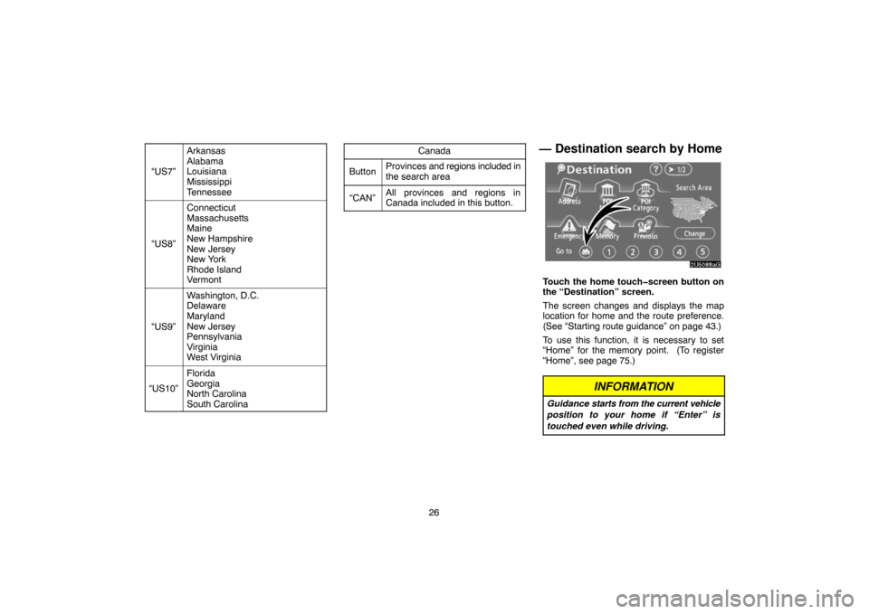 TOYOTA 4RUNNER 2007 N210 / 4.G Navigation Manual 26 “US7”
Arkansas
Alabama
Louisiana
Mississippi
Tennessee
“US8”
Connecticut
Massachusetts
Maine
New Hampshire
New Jersey
New York
Rhode Island
Vermont
“US9”
Washington, D.C.
Delaware
Maryl