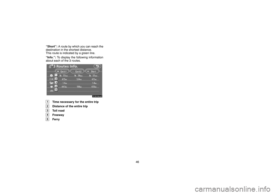 TOYOTA 4RUNNER 2007 N210 / 4.G Navigation Manual 46 “Short”: A route by which you can reach the
destination in the shortest distance.
This route is indicated by a green line.
“Info.”: To display the following information
about each of the 3 