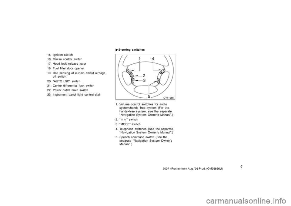 TOYOTA 4RUNNER 2007 N210 / 4.G User Guide 52007 4Runner from Aug. ’06 Prod. (OM35866U)
15. Ignition switch
16. Cruise control switch
17. Hood lock release lever
18. Fuel filler door opener
19. Roll  sensing of  curtain shield airbags off sw