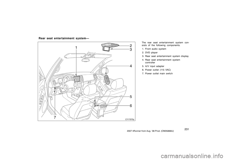 TOYOTA 4RUNNER 2007 N210 / 4.G Owners Manual 2312007 4Runner from Aug. ’06 Prod. (OM35866U)
The rear seat entertainment system con-
sists of the following components.1. Front audio system
2. DVD player
3. Rear seat entertainment system display