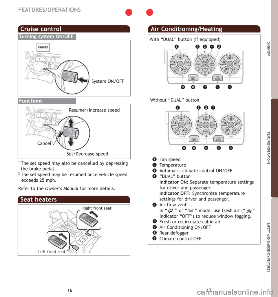TOYOTA 4RUNNER 2007 N210 / 4.G Quick Reference Guide 17
OVERVIEW
FEATURES/OPERATIONS
SAFETY AND EMERGENCY FEATURES
16
FEATURES/OPERATIONS
Air Conditioning/Heating 
With “DUAL” button (if equipped)
Fan speed
Temperature
Automatic climate control ON/O