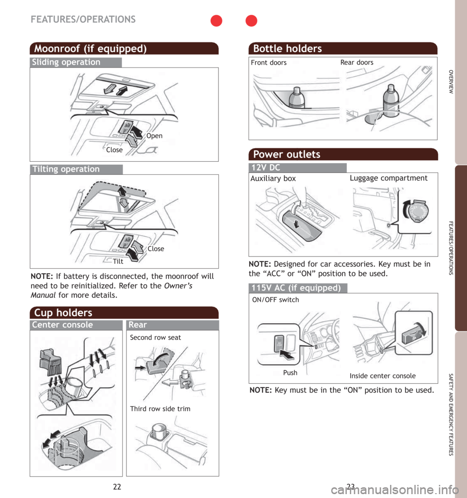 TOYOTA 4RUNNER 2007 N210 / 4.G Quick Reference Guide 23
OVERVIEW
FEATURES/OPERATIONS
SAFETY AND EMERGENCY FEATURES
22
FEATURES/OPERATIONS
Power outlets
12V DC
115V AC (if equipped)
ON/OFF switch
Inside center console Push
Auxiliary boxLuggage compartmen TOYOTA 4RUNNER 2007 N210 / 4.G Quick Reference Guide 23
OVERVIEW
FEATURES/OPERATIONS
SAFETY AND EMERGENCY FEATURES
22
FEATURES/OPERATIONS
Power outlets
12V DC
115V AC (if equipped)
ON/OFF switch
Inside center console Push
Auxiliary boxLuggage compartmen