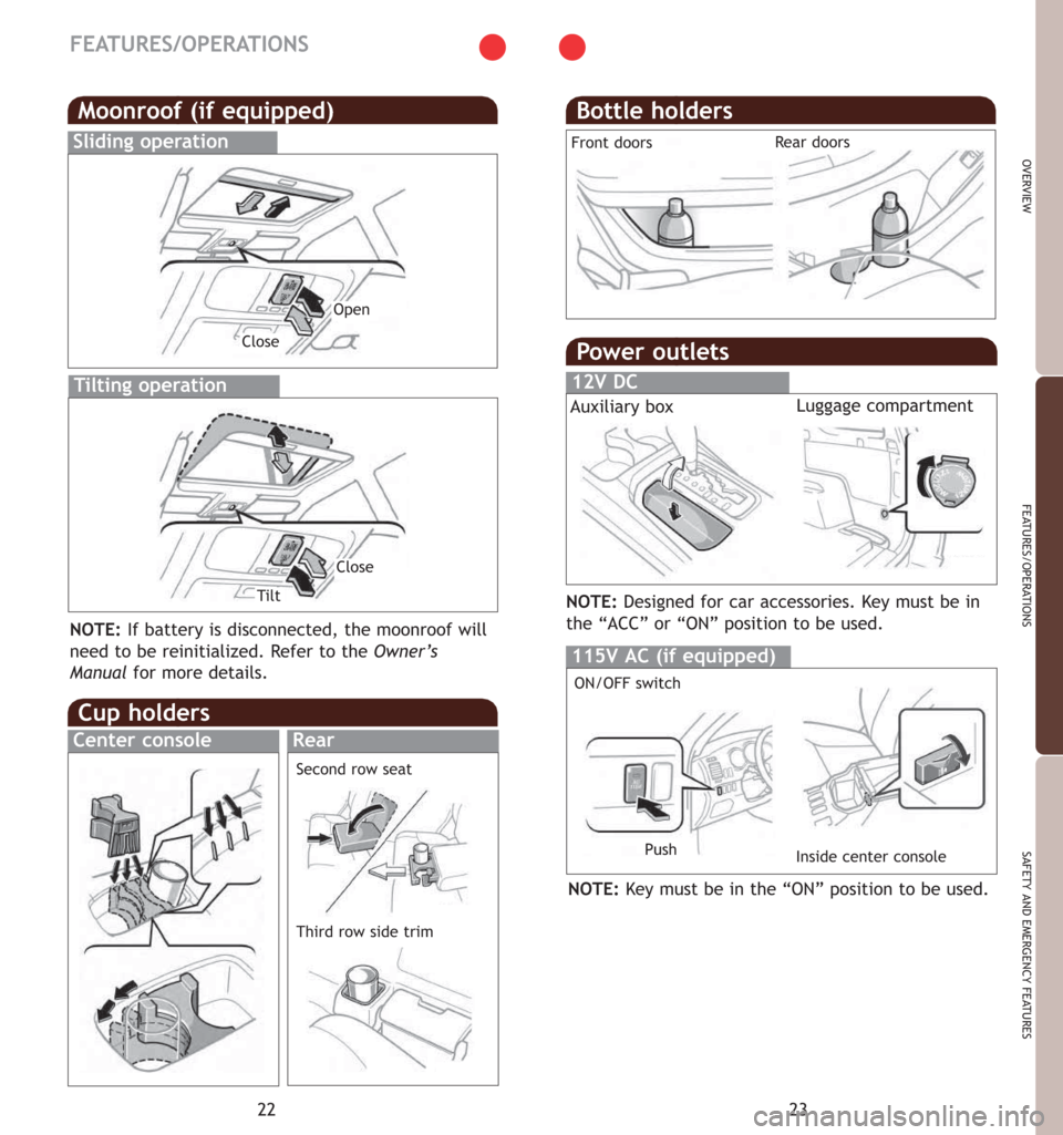 TOYOTA 4RUNNER 2007 N210 / 4.G Quick Reference Guide 23
OVERVIEW
FEATURES/OPERATIONS
SAFETY AND EMERGENCY FEATURES
22
FEATURES/OPERATIONS
Power outlets
12V DC
115V AC (if equipped)
ON/OFF switch
Inside center console Push
Auxiliary boxLuggage compartmen