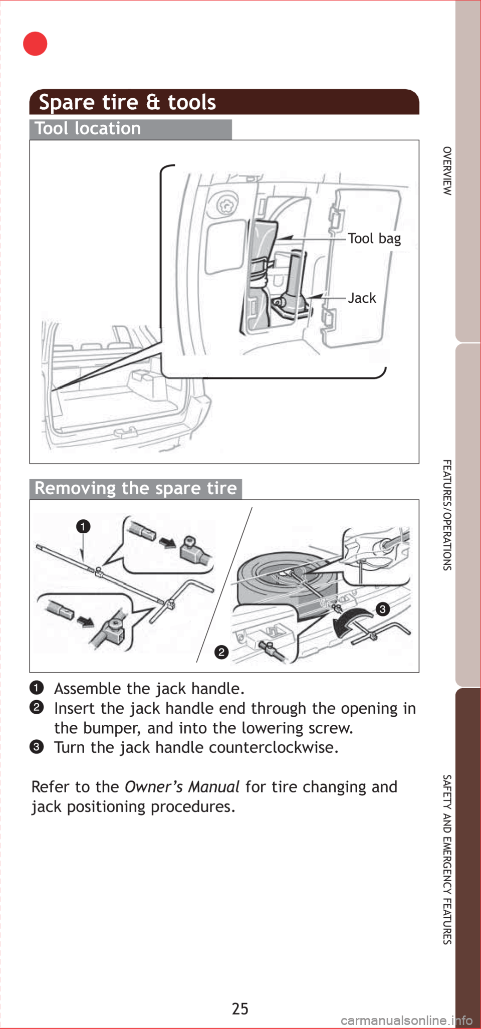 TOYOTA 4RUNNER 2007 N210 / 4.G Quick Reference Guide Spare tire & tools
Tool location
Removing the spare tire
25
OVERVIEW
FEATURES/OPERATIONS
SAFETY AND EMERGENCY FEATURES
Assemble the jack handle.
Insert the jack handle end through the opening in
the b