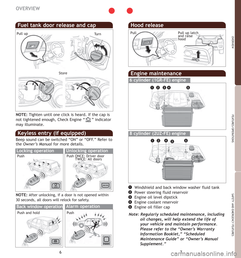 TOYOTA 4RUNNER 2007 N210 / 4.G Quick Reference Guide NOTE:Tighten until one click is heard. If the cap is
not tightened enough, Check Engine “     ” indicator
may illuminate.
7
OVERVIEW
FEATURES/OPERATIONS
SAFETY AND EMERGENCY FEATURES
Windshield an