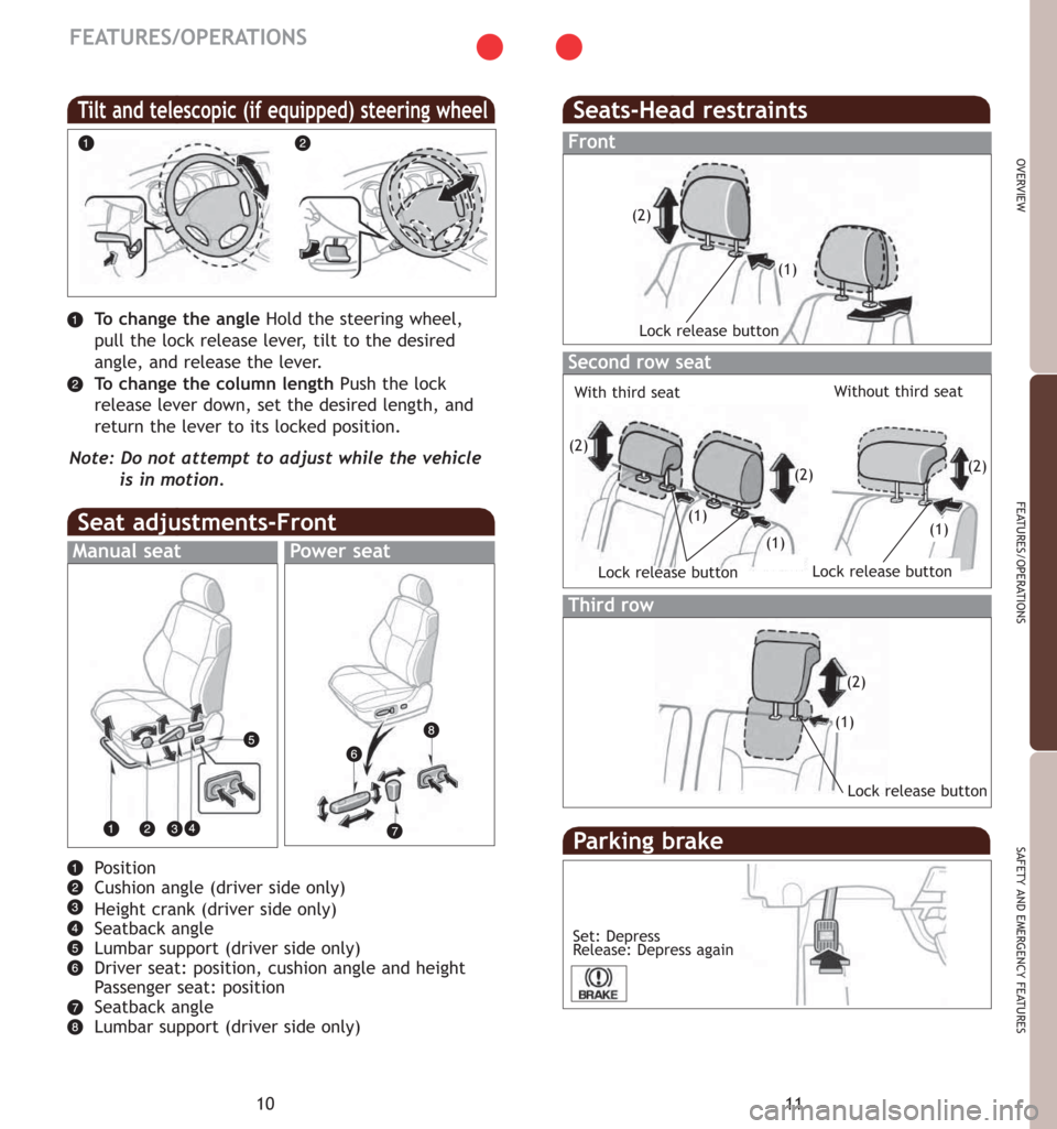 TOYOTA 4RUNNER 2007 N210 / 4.G Quick Reference Guide 11
OVERVIEW
FEATURES/OPERATIONS
SAFETY AND EMERGENCY FEATURES
10
FEATURES/OPERATIONS
Position
Cushion angle(driver side only)
Height crank (driver side only)
Seatback angle
Lumbar support(driver side TOYOTA 4RUNNER 2007 N210 / 4.G Quick Reference Guide 11
OVERVIEW
FEATURES/OPERATIONS
SAFETY AND EMERGENCY FEATURES
10
FEATURES/OPERATIONS
Position
Cushion angle(driver side only)
Height crank (driver side only)
Seatback angle
Lumbar support(driver side