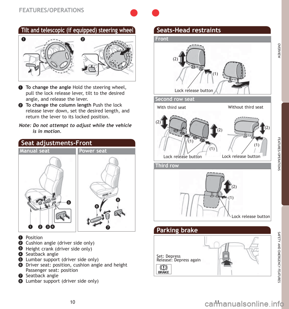 TOYOTA 4RUNNER 2007 N210 / 4.G Quick Reference Guide 11
OVERVIEW
FEATURES/OPERATIONS
SAFETY AND EMERGENCY FEATURES
10
FEATURES/OPERATIONS
Position
Cushion angle(driver side only)
Height crank (driver side only)
Seatback angle
Lumbar support(driver side 