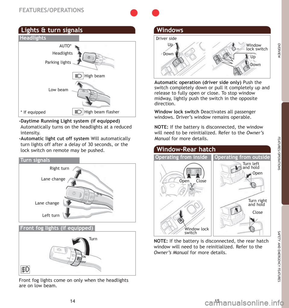 TOYOTA 4RUNNER 2007 N210 / 4.G Quick Reference Guide 15
OVERVIEW
FEATURES/OPERATIONS
SAFETY AND EMERGENCY FEATURES
14
FEATURES/OPERATIONS
Operating from inside
Windows
Driver side
Automatic operation (driver side only) Push the
switch completely down or TOYOTA 4RUNNER 2007 N210 / 4.G Quick Reference Guide 15
OVERVIEW
FEATURES/OPERATIONS
SAFETY AND EMERGENCY FEATURES
14
FEATURES/OPERATIONS
Operating from inside
Windows
Driver side
Automatic operation (driver side only) Push the
switch completely down or
