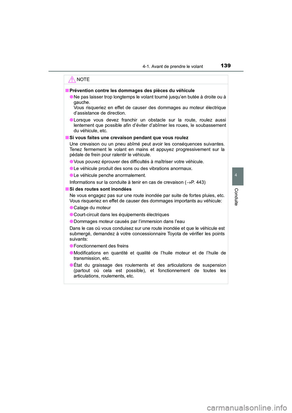 TOYOTA YARIS HATCHBACK 2018 Manuel du propriétaire (in French) 1394-1. Avant de prendre le volant
4
Conduite
YARIS_HB_OM_USA_OM52G22D
NOTE
■Prévention contre les dommages des pièces du véhicule
●Ne pas laisser trop longtemps le volant tourné jusqu’en bu TOYOTA YARIS HATCHBACK 2018 Manuel du propriétaire (in French) 1394-1. Avant de prendre le volant
4
Conduite
YARIS_HB_OM_USA_OM52G22D
NOTE
■Prévention contre les dommages des pièces du véhicule
●Ne pas laisser trop longtemps le volant tourné jusqu’en bu