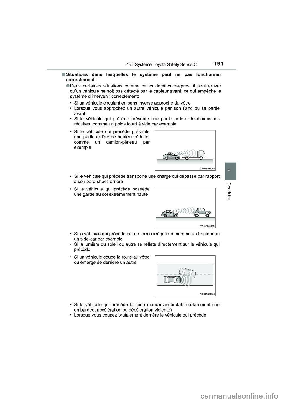 TOYOTA YARIS HATCHBACK 2018 Manuel du propriétaire (in French) 1914-5. Système Toyota Safety Sense C
4
Conduite
YARIS_HB_OM_USA_OM52G22D■
Situations dans lesquelles le système peut ne pas fonctionner
correctement
●Dans certaines situations comme celles déc TOYOTA YARIS HATCHBACK 2018 Manuel du propriétaire (in French) 1914-5. Système Toyota Safety Sense C
4
Conduite
YARIS_HB_OM_USA_OM52G22D■
Situations dans lesquelles le système peut ne pas fonctionner
correctement
●Dans certaines situations comme celles déc