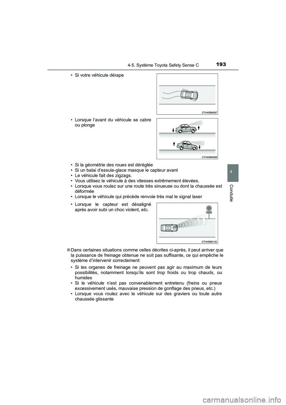 TOYOTA YARIS HATCHBACK 2018 Manuel du propriétaire (in French) 1934-5. Système Toyota Safety Sense C
4
Conduite
YARIS_HB_OM_USA_OM52G22D• Si la géométrie des roues est déréglée
• Si un balai d’essuie-glace masque le capteur avant
• Le véhicule fait TOYOTA YARIS HATCHBACK 2018 Manuel du propriétaire (in French) 1934-5. Système Toyota Safety Sense C
4
Conduite
YARIS_HB_OM_USA_OM52G22D• Si la géométrie des roues est déréglée
• Si un balai d’essuie-glace masque le capteur avant
• Le véhicule fait