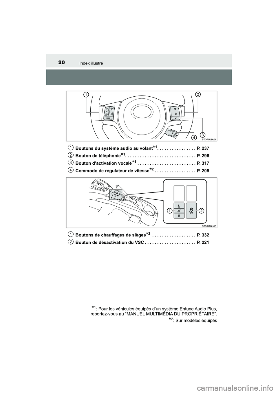 TOYOTA YARIS HATCHBACK 2018 Manuel du propriétaire (in French) 20Index illustré
YARIS_HB_OM_USA_OM52G22DBoutons du système audio au volant
*1. . . . . . . . . . . . . . . . P. 237
Bouton de téléphonie
*1. . . . . . . . . . . . . . . . . . . . . . . . . . . . TOYOTA YARIS HATCHBACK 2018 Manuel du propriétaire (in French) 20Index illustré
YARIS_HB_OM_USA_OM52G22DBoutons du système audio au volant
*1. . . . . . . . . . . . . . . . P. 237
Bouton de téléphonie
*1. . . . . . . . . . . . . . . . . . . . . . . . . . . .