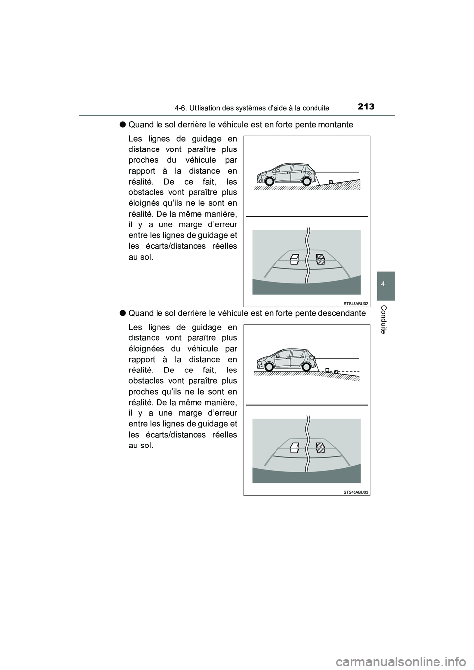 TOYOTA YARIS HATCHBACK 2018 Manuel du propriétaire (in French) 2134-6. Utilisation des systèmes d’aide à la conduite
4
Conduite
YARIS_HB_OM_USA_OM52G22D
●Quand le sol derrière le véhicule est en forte pente montante
Les lignes de guidage en
distance vont TOYOTA YARIS HATCHBACK 2018 Manuel du propriétaire (in French) 2134-6. Utilisation des systèmes d’aide à la conduite
4
Conduite
YARIS_HB_OM_USA_OM52G22D
●Quand le sol derrière le véhicule est en forte pente montante
Les lignes de guidage en
distance vont