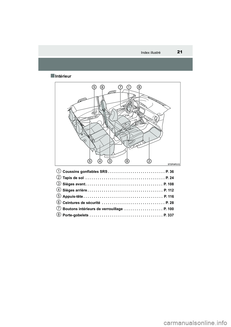 TOYOTA YARIS HATCHBACK 2018 Manuel du propriétaire (in French) 21Index illustré
YARIS_HB_OM_USA_OM52G22D
■Intérieur
Coussins gonflables SRS . . . . . . . . . . . . . . . . . . . . . . . . . . . . P. 36
Tapis de sol . . . . . . . . . . . . . . . . . . . . . TOYOTA YARIS HATCHBACK 2018 Manuel du propriétaire (in French) 21Index illustré
YARIS_HB_OM_USA_OM52G22D
■Intérieur
Coussins gonflables SRS . . . . . . . . . . . . . . . . . . . . . . . . . . . . P. 36
Tapis de sol . . . . . . . . . . . . . . . . . . . . .