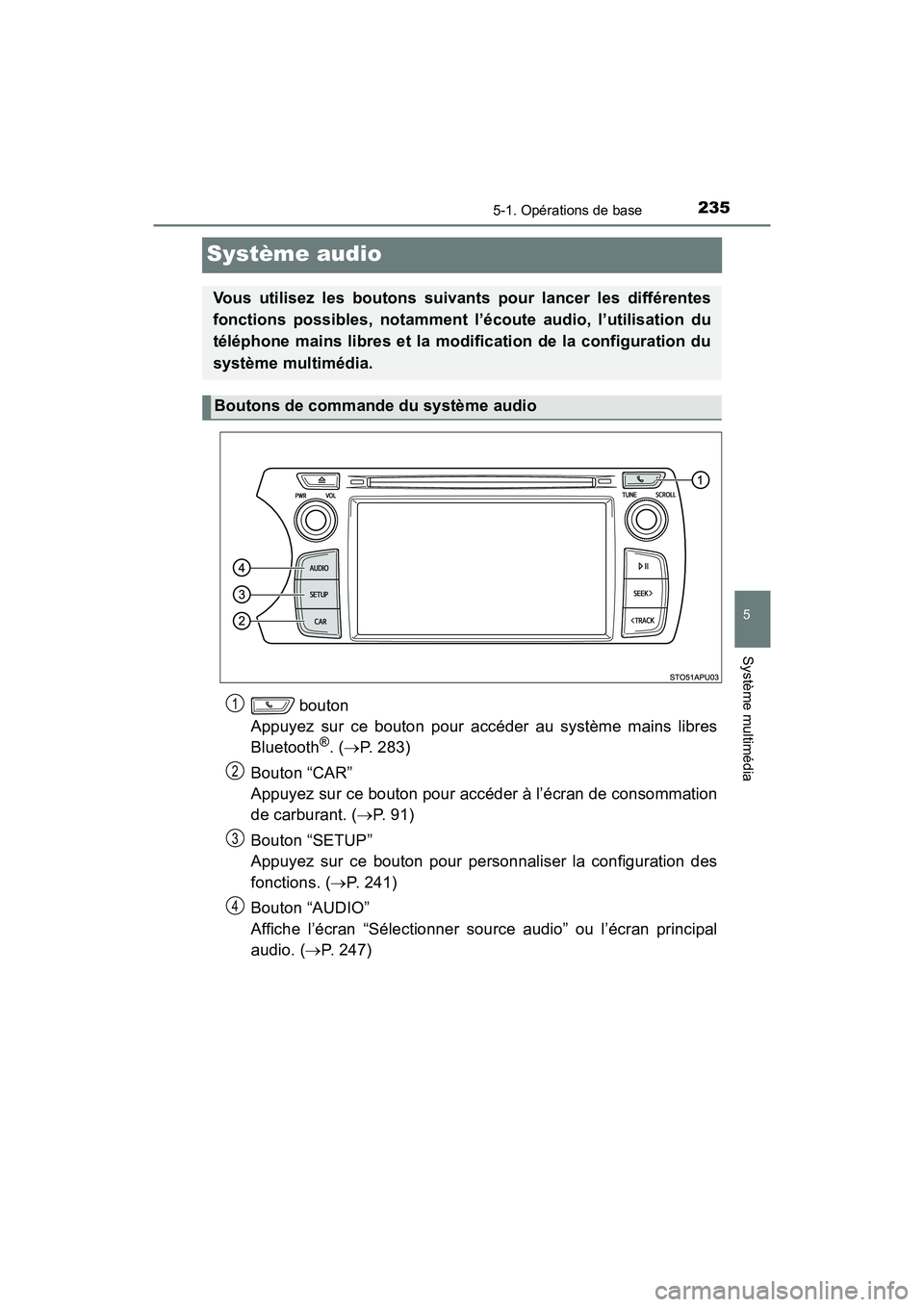 TOYOTA YARIS HATCHBACK 2018 Manuel du propriétaire (in French) 2355-1. Opérations de base
5
Système multimédia
YARIS_HB_OM_USA_OM52G22D
Système audio
bouton
Appuyez sur ce bouton pour accéder au système mains libres
Bluetooth
®. ( P. 283)
Bouton “C TOYOTA YARIS HATCHBACK 2018 Manuel du propriétaire (in French) 2355-1. Opérations de base
5
Système multimédia
YARIS_HB_OM_USA_OM52G22D
Système audio
bouton
Appuyez sur ce bouton pour accéder au système mains libres
Bluetooth
®. ( P. 283)
Bouton “C