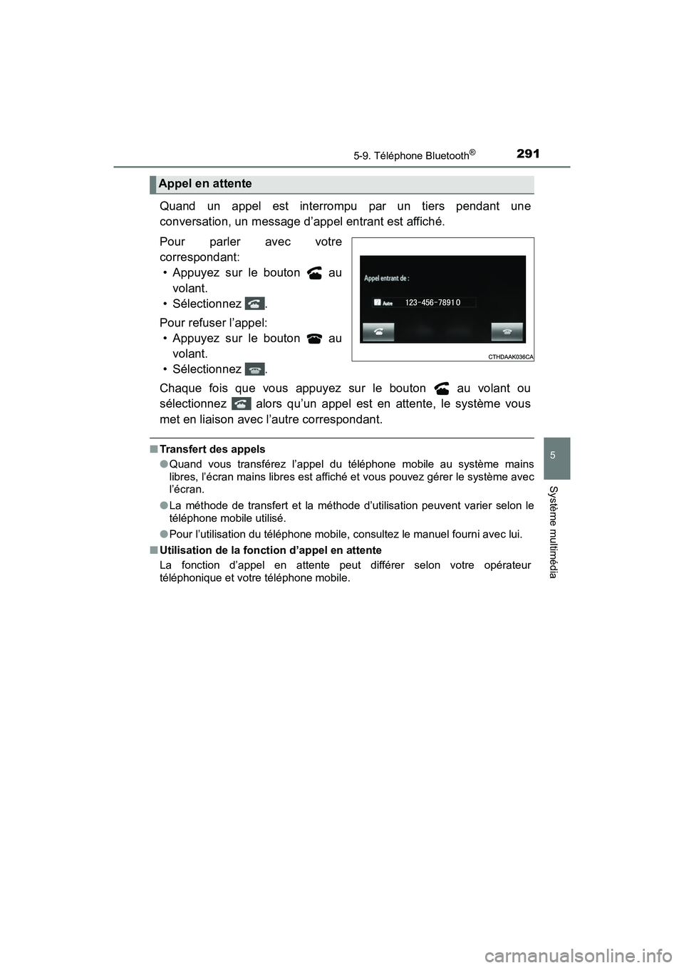 TOYOTA YARIS HATCHBACK 2018  Manuel du propriétaire (in French) 2915-9. Téléphone Bluetooth®
5
Système multimédia
YARIS_HB_OM_USA_OM52G22D
Quand un appel est interrompu par un tiers pendant une
conversation, un message d’appel entrant est affiché.
Pour par