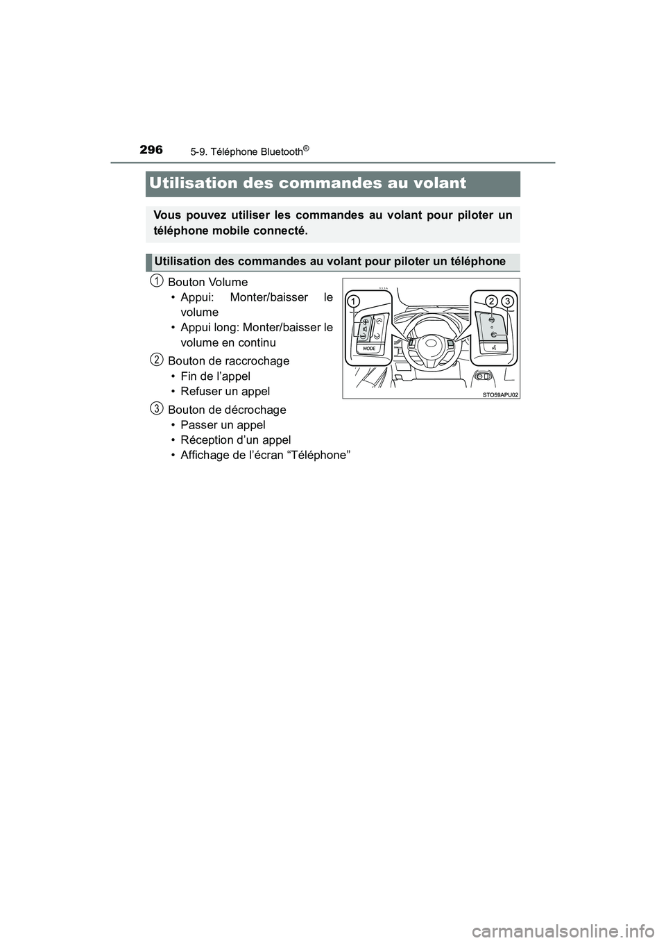 TOYOTA YARIS HATCHBACK 2018  Manuel du propriétaire (in French) 2965-9. Téléphone Bluetooth®
YARIS_HB_OM_USA_OM52G22D
Utilisation des commandes au volant
Bouton Volume• Appui: Monter/baisser le
volume
• Appui long: Monter/baisser le
volume en continu
Bouton