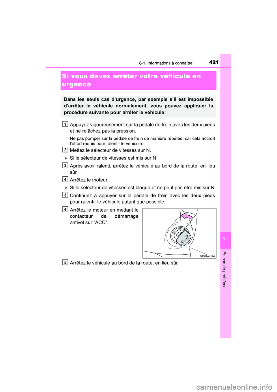 TOYOTA YARIS HATCHBACK 2018  Manuel du propriétaire (in French) 4218-1. Informations à connaître
YARIS_HB_OM_USA_OM52G22D
8
En cas de problème
Si vous devez arrêter votre véhicule en 
urgence
Appuyez vigoureusement sur la pédale de frein avec les deux pieds
