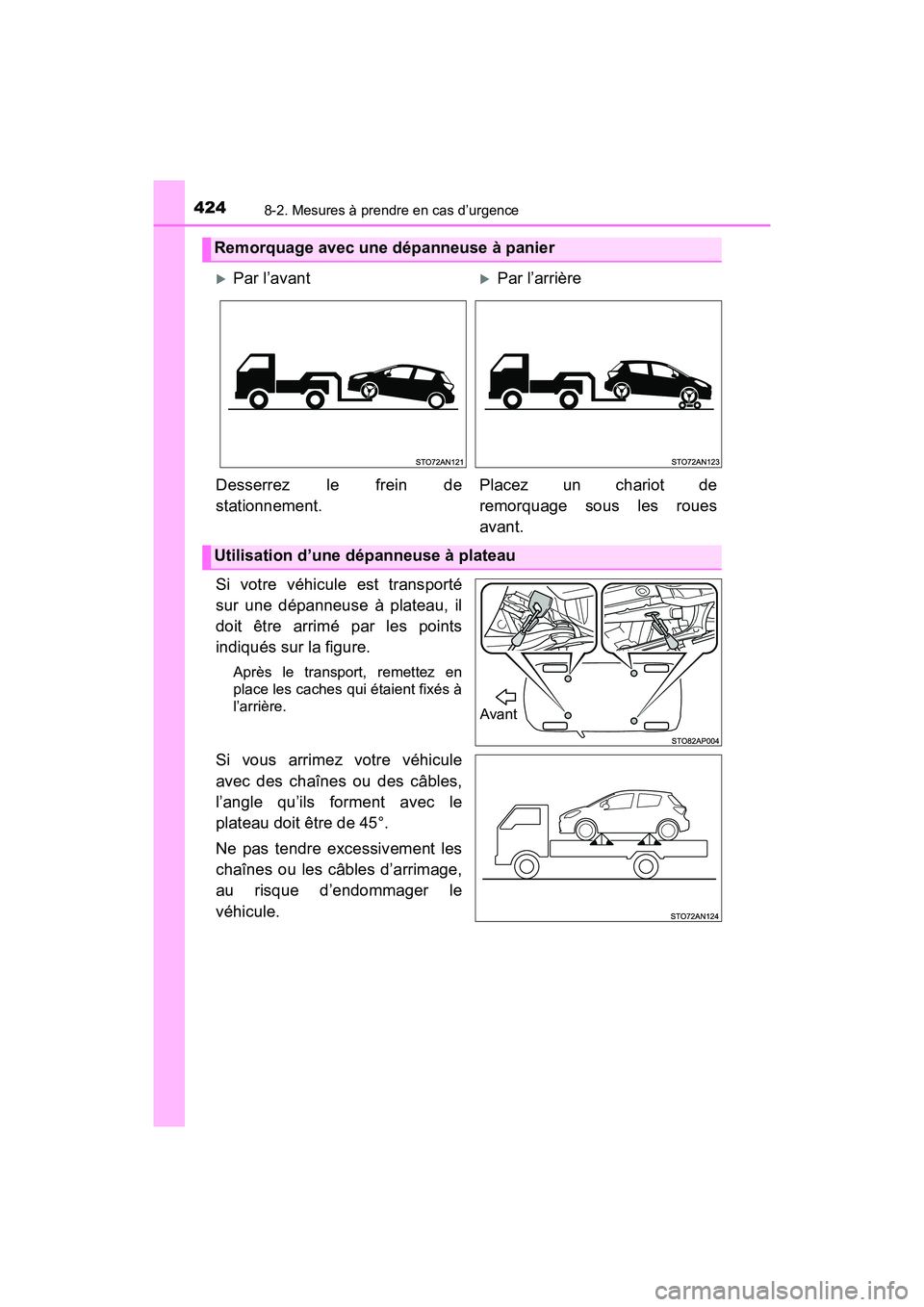 TOYOTA YARIS HATCHBACK 2018  Manuel du propriétaire (in French) 4248-2. Mesures à prendre en cas d’urgence
YARIS_HB_OM_USA_OM52G22D
Si votre véhicule est transporté
sur une dépanneuse à plateau, il
doit être arrimé par les points
indiqués sur la figure.
