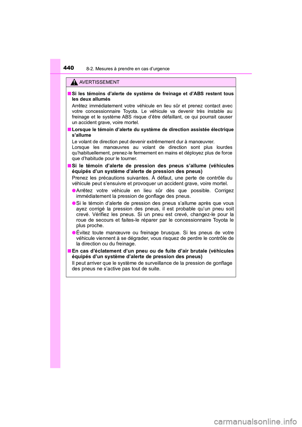 TOYOTA YARIS HATCHBACK 2018 Manuel du propriétaire (in French) 4408-2. Mesures à prendre en cas d’urgence
YARIS_HB_OM_USA_OM52G22D
AVERTISSEMENT
■Si les témoins d’alerte de système de freinage et d’ABS restent tous
les deux allumés
Arrêtez immédiat TOYOTA YARIS HATCHBACK 2018 Manuel du propriétaire (in French) 4408-2. Mesures à prendre en cas d’urgence
YARIS_HB_OM_USA_OM52G22D
AVERTISSEMENT
■Si les témoins d’alerte de système de freinage et d’ABS restent tous
les deux allumés
Arrêtez immédiat