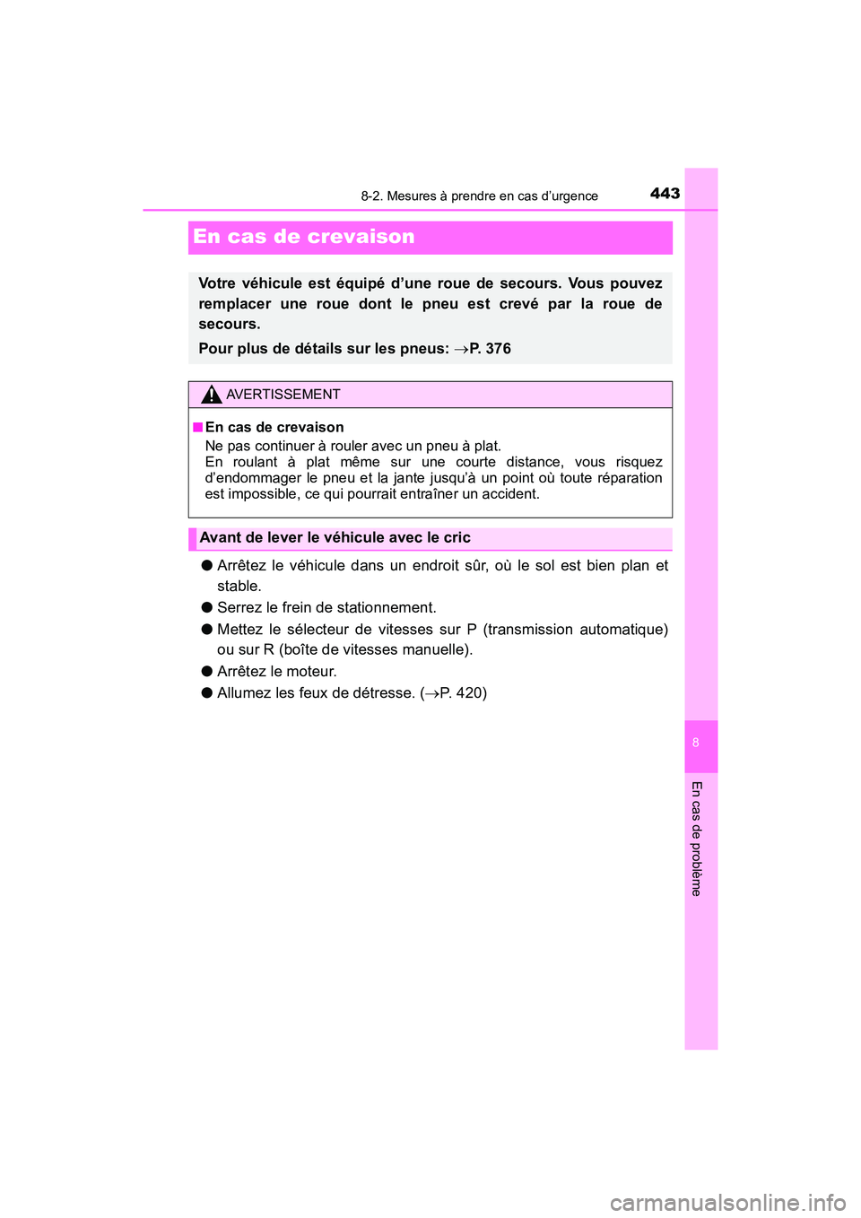 TOYOTA YARIS HATCHBACK 2018  Manuel du propriétaire (in French) 4438-2. Mesures à prendre en cas d’urgence
YARIS_HB_OM_USA_OM52G22D
8
En cas de problème
En cas de crevaison
●Arrêtez le véhicule dans un endroit sûr, où le sol est bien plan et
stable.
● 