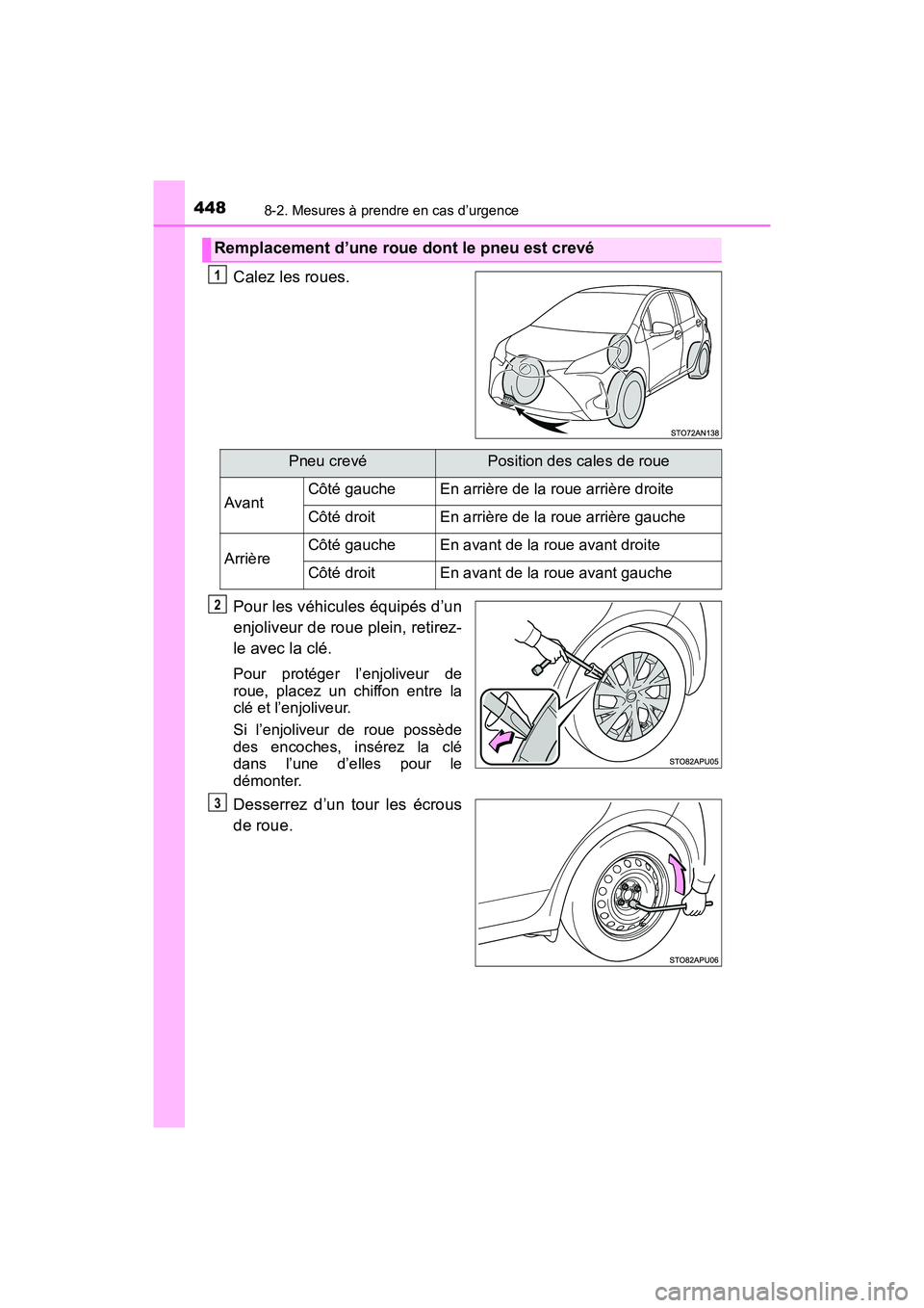 TOYOTA YARIS HATCHBACK 2018  Manuel du propriétaire (in French) 4488-2. Mesures à prendre en cas d’urgence
YARIS_HB_OM_USA_OM52G22D
Calez les roues.
Pour les véhicules équipés d’un
enjoliveur de roue plein, retirez-
le avec la clé.
Pour protéger l’enjo