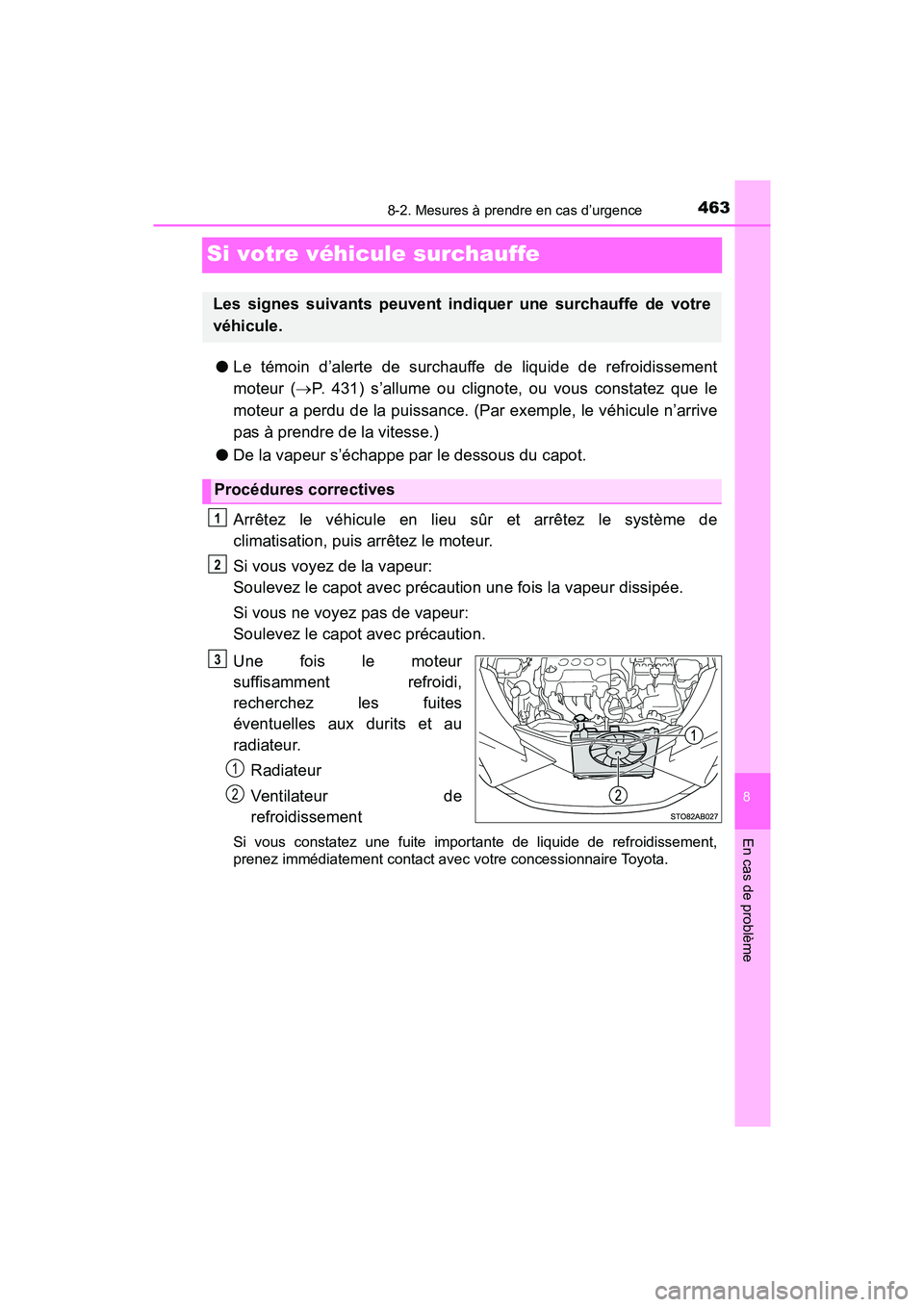 TOYOTA YARIS HATCHBACK 2018  Manuel du propriétaire (in French) 4638-2. Mesures à prendre en cas d’urgence
YARIS_HB_OM_USA_OM52G22D
8
En cas de problème
Si votre véhicule surchauffe
●Le témoin d’alerte de surchauffe de liquide de refroidissement
moteur (