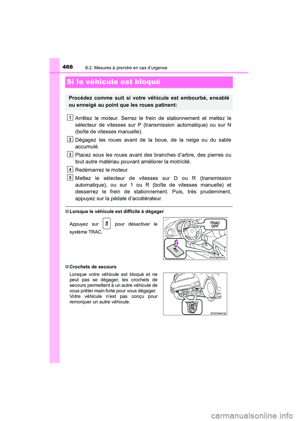 TOYOTA YARIS HATCHBACK 2018  Manuel du propriétaire (in French) 4668-2. Mesures à prendre en cas d’urgence
YARIS_HB_OM_USA_OM52G22D
Si le véhicule est bloqué
Arrêtez le moteur. Serrez le frein de stationnement et mettez le
sélecteur de vitesses sur P (trans