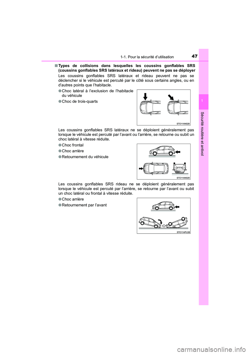 TOYOTA YARIS HATCHBACK 2018 Manuel du propriétaire (in French) 471-1. Pour la sécurité d’utilisation
1
Sécurité routière et antivol
YARIS_HB_OM_USA_OM52G22D■
Types de collisions dans lesquelles les coussins gonflables SRS
(coussins gonflables SRS latéra TOYOTA YARIS HATCHBACK 2018 Manuel du propriétaire (in French) 471-1. Pour la sécurité d’utilisation
1
Sécurité routière et antivol
YARIS_HB_OM_USA_OM52G22D■
Types de collisions dans lesquelles les coussins gonflables SRS
(coussins gonflables SRS latéra