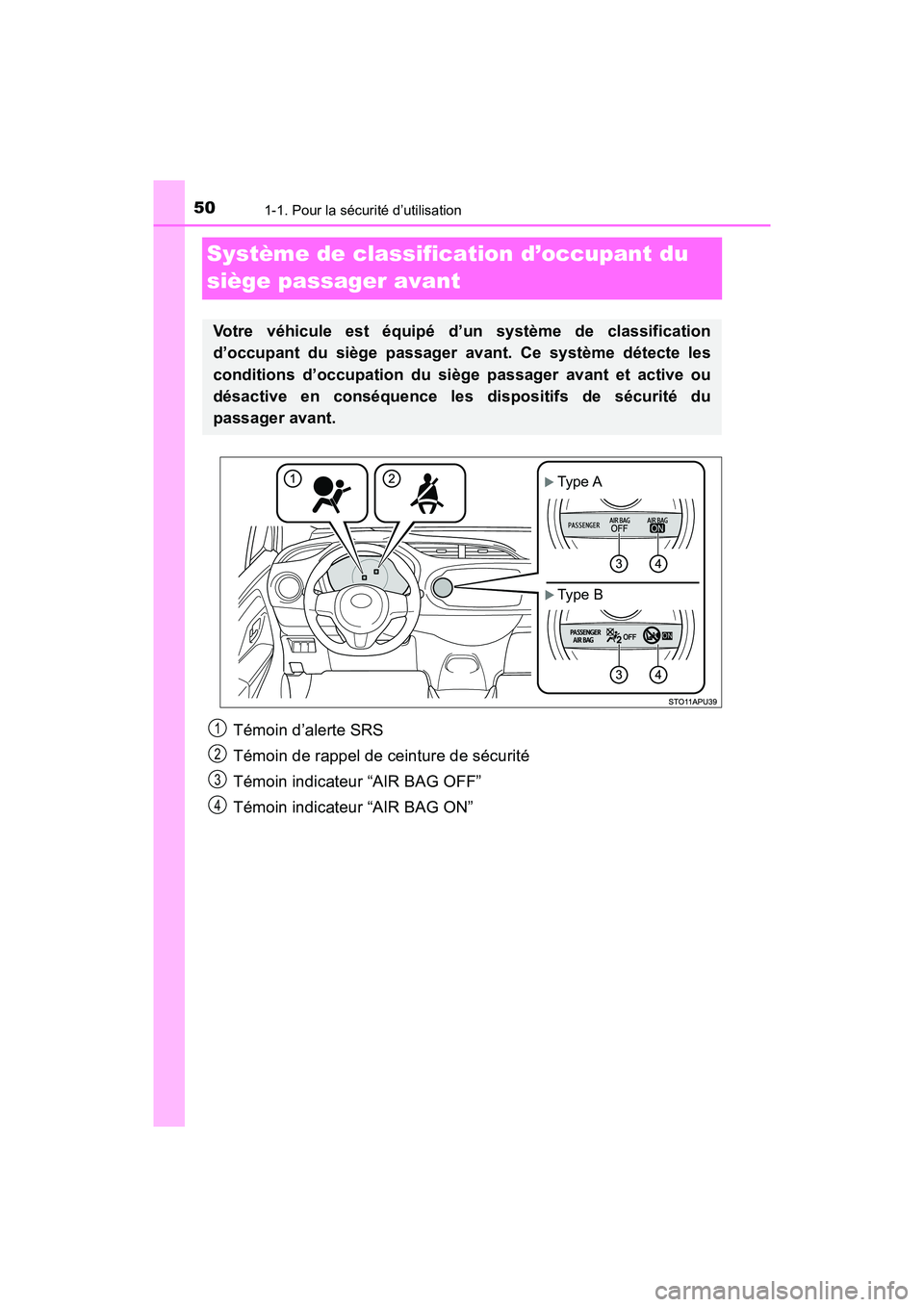 TOYOTA YARIS HATCHBACK 2018 Manuel du propriétaire (in French) 501-1. Pour la sécurité d’utilisation
YARIS_HB_OM_USA_OM52G22D
Système de classification d’occupant du
siège passager avant
Témoin d’alerte SRS
Témoin de rappel de ceinture de sécurité
TOYOTA YARIS HATCHBACK 2018 Manuel du propriétaire (in French) 501-1. Pour la sécurité d’utilisation
YARIS_HB_OM_USA_OM52G22D
Système de classification d’occupant du
siège passager avant
Témoin d’alerte SRS
Témoin de rappel de ceinture de sécurité