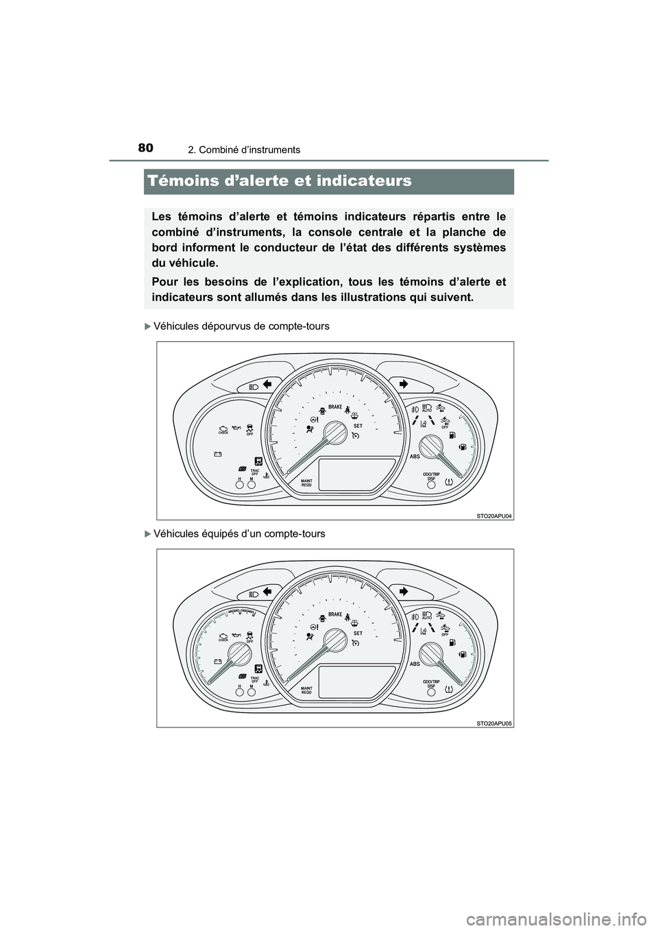 TOYOTA YARIS HATCHBACK 2018 Manuel du propriétaire (in French) 802. Combiné d’instruments
YARIS_HB_OM_USA_OM52G22D
Témoins d’alerte et indicateurs
Véhicules dépourvus de compte-tours
Véhicules équipés d’un compte-tours
Les témoins d’alerte e TOYOTA YARIS HATCHBACK 2018 Manuel du propriétaire (in French) 802. Combiné d’instruments
YARIS_HB_OM_USA_OM52G22D
Témoins d’alerte et indicateurs
Véhicules dépourvus de compte-tours
Véhicules équipés d’un compte-tours
Les témoins d’alerte e