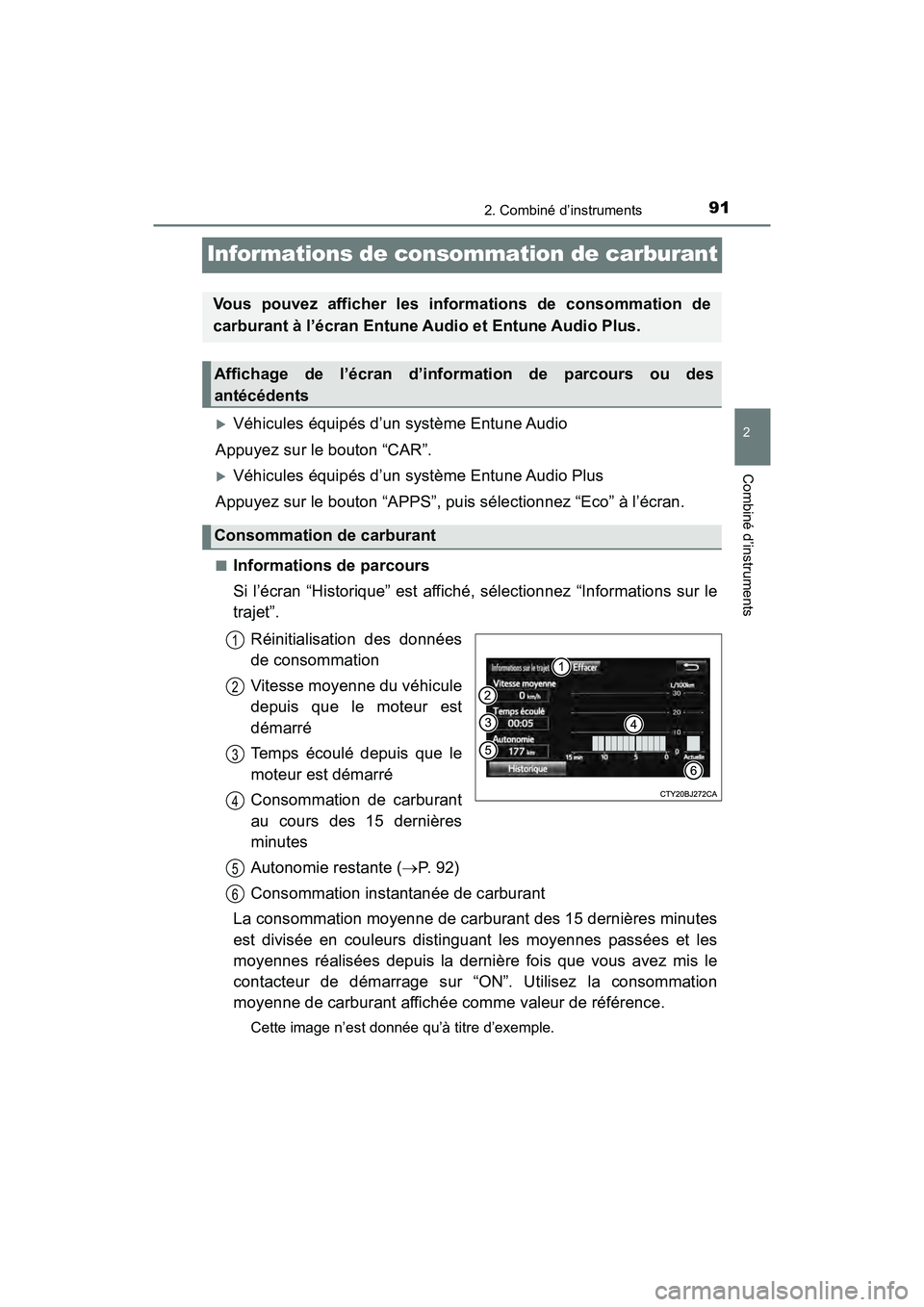 TOYOTA YARIS HATCHBACK 2018  Manuel du propriétaire (in French) 912. Combiné d’instruments
2
Combiné d’instruments
YARIS_HB_OM_USA_OM52G22D
Informations de consommation de carburant
Véhicules équipés d’un système Entune Audio
Appuyez sur le bouton 