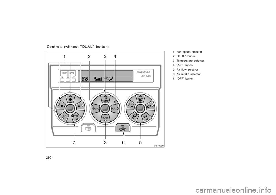 TOYOTA 4RUNNER 2008 N210 / 4.G Owners Manual 290
1. Fan speed selector
2. AUTO" button
3. Temperature selector
4. A/C" button
5. Air flow selector
6. Air intake selector
7. OFF" button
Controls (without DUAL" button)
CY18026 