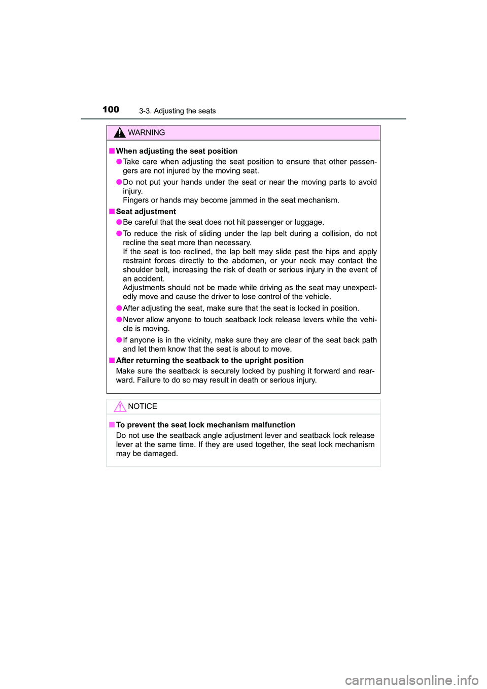 TOYOTA YARIS HATCHBACK 2017 Owners Manual 1003-3. Adjusting the seats
YARIS_HB_OM_USA_OM52G64U
WARNING
■When adjusting the seat position
●Take care when adjusting the seat position to ensure that other passen-
gers are not injured by the TOYOTA YARIS HATCHBACK 2017 Owners Manual 1003-3. Adjusting the seats
YARIS_HB_OM_USA_OM52G64U
WARNING
■When adjusting the seat position
●Take care when adjusting the seat position to ensure that other passen-
gers are not injured by the