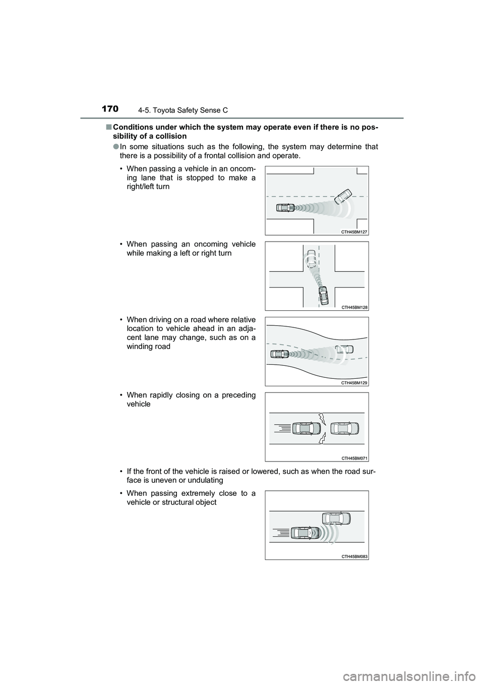 TOYOTA YARIS HATCHBACK 2017  Owners Manual 1704-5. Toyota Safety Sense C
YARIS_HB_OM_USA_OM52G64U■
Conditions under which the system m ay operate even if there is no pos-
sibility of a collision
● In some situations such as the following, 