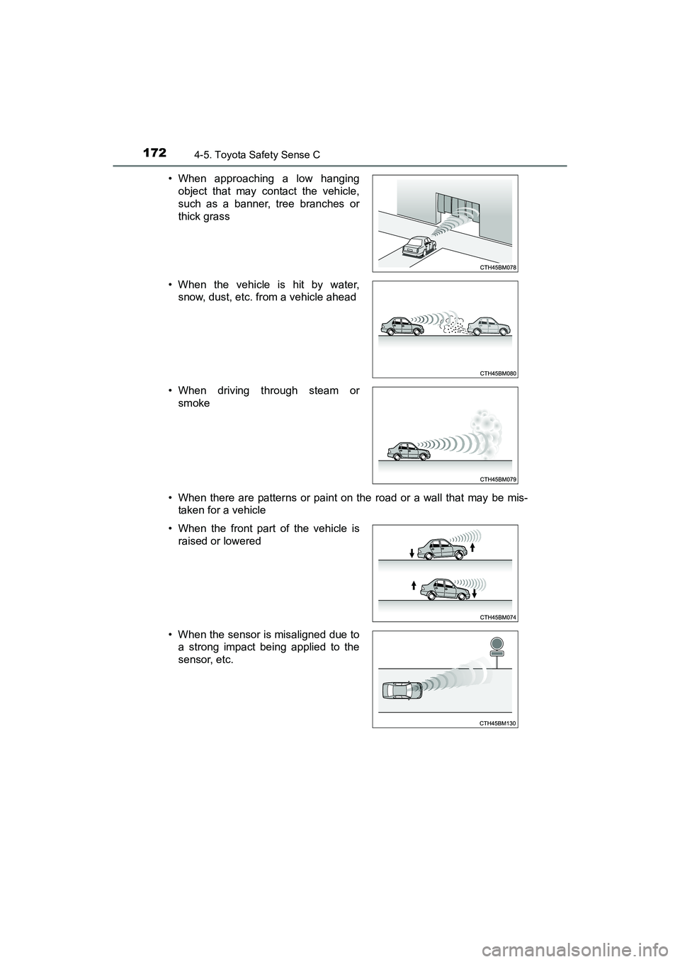 TOYOTA YARIS HATCHBACK 2017  Owners Manual 1724-5. Toyota Safety Sense C
YARIS_HB_OM_USA_OM52G64U• When there are patterns or paint on the road or a wall that may be mis-
taken for a vehicle
• When approaching a low hanging
object that may