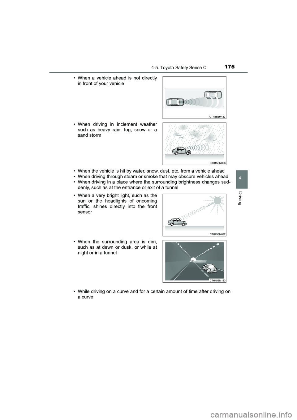 TOYOTA YARIS HATCHBACK 2017  Owners Manual 1754-5. Toyota Safety Sense C
4
Driving
YARIS_HB_OM_USA_OM52G64U• When the vehicle is hit by water, snow, dust, etc. from a vehicle ahead
• When driving through steam or smoke that may obscure veh