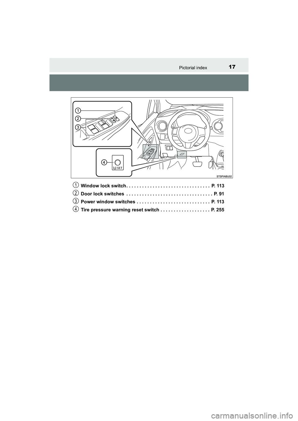 TOYOTA YARIS HATCHBACK 2017 User Guide 17Pictorial index
YARIS_HB_OM_USA_OM52G64UWindow lock switch . . . . . . . . . . . . . . . . . . . . . . . . . . . . . . . . P. 113
Door lock switches . . . . . . . . . . . . . . . . . . . . . . . . TOYOTA YARIS HATCHBACK 2017 User Guide 17Pictorial index
YARIS_HB_OM_USA_OM52G64UWindow lock switch . . . . . . . . . . . . . . . . . . . . . . . . . . . . . . . . P. 113
Door lock switches . . . . . . . . . . . . . . . . . . . . . . . .
