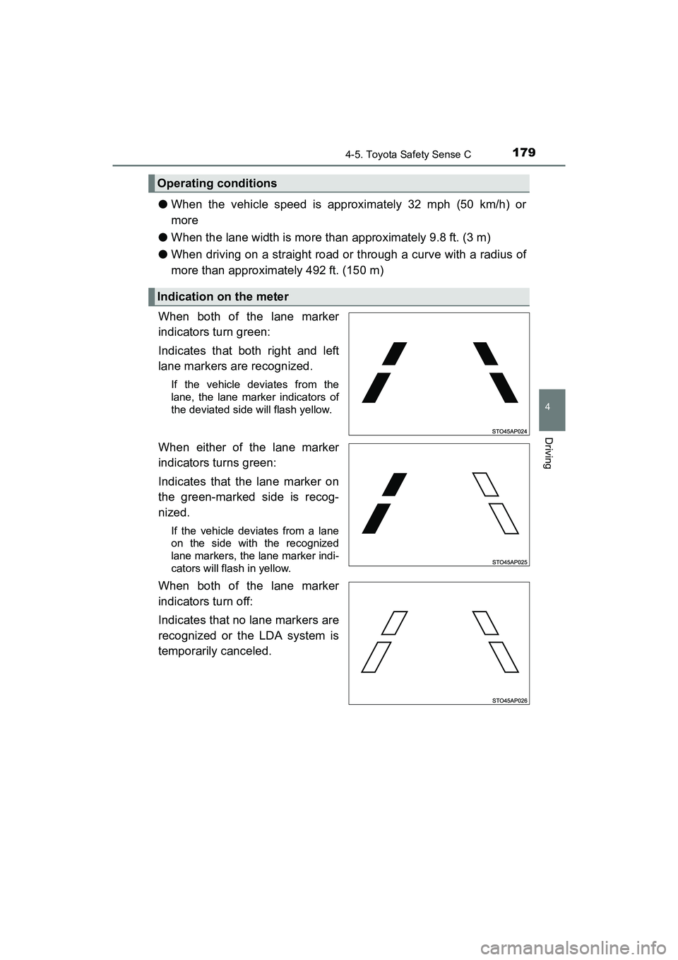 TOYOTA YARIS HATCHBACK 2017 Owners Manual 1794-5. Toyota Safety Sense C
4
Driving
YARIS_HB_OM_USA_OM52G64U
●When the vehicle speed is approximately 32 mph (50 km/h) or
more
● When the lane width is more than approximately 9.8 ft. (3 m)
TOYOTA YARIS HATCHBACK 2017 Owners Manual 1794-5. Toyota Safety Sense C
4
Driving
YARIS_HB_OM_USA_OM52G64U
●When the vehicle speed is approximately 32 mph (50 km/h) or
more
● When the lane width is more than approximately 9.8 ft. (3 m)