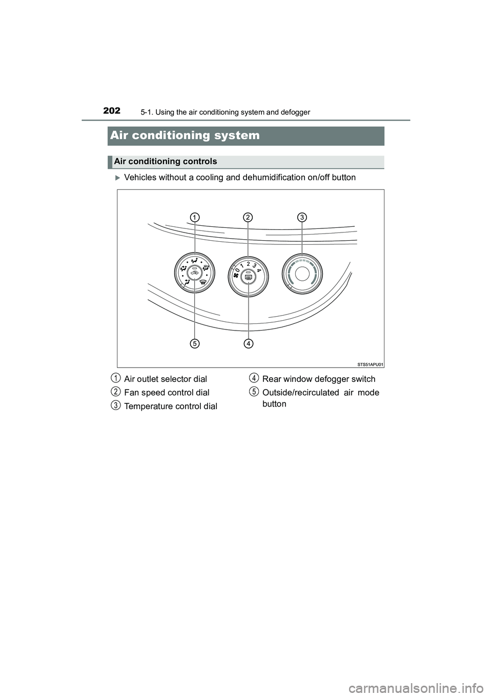 TOYOTA YARIS HATCHBACK 2017  Owners Manual 2025-1. Using the air conditioning system and defogger
YARIS_HB_OM_USA_OM52G64U
Air conditioning system
Vehicles without a cooling and dehumidification on/off button
Air conditioning controls
Air o
