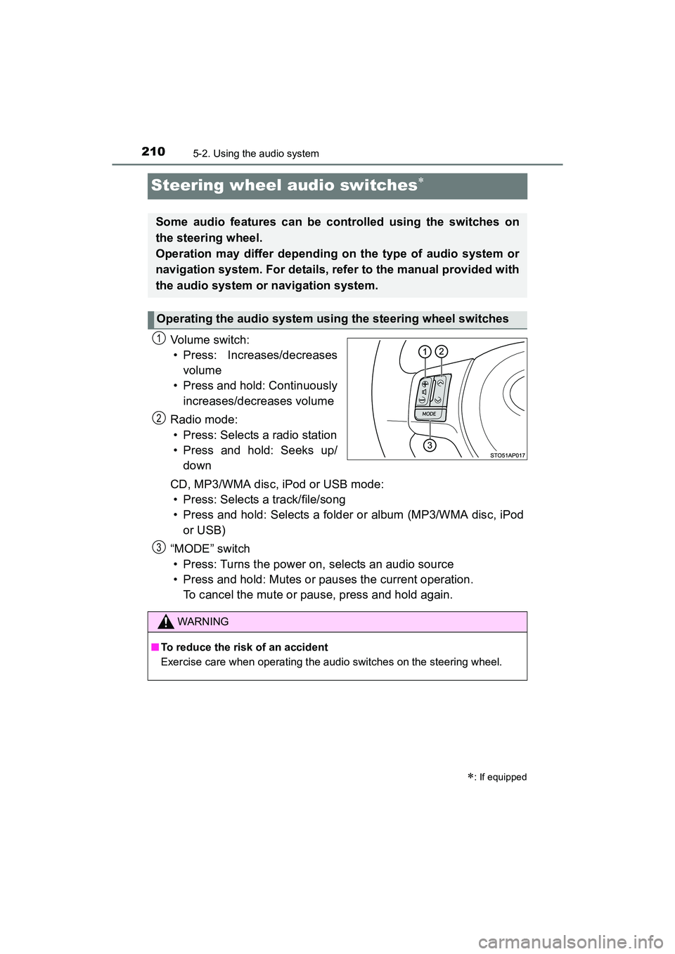 TOYOTA YARIS HATCHBACK 2017 Owners Manual 2105-2. Using the audio system
YARIS_HB_OM_USA_OM52G64U
Steering wheel audio switches
Vol um e s wit ch :• Press: Increases/decreases
volume
• Press and hold: Continuously
increases/decreases TOYOTA YARIS HATCHBACK 2017 Owners Manual 2105-2. Using the audio system
YARIS_HB_OM_USA_OM52G64U
Steering wheel audio switches
Vol um e s wit ch :• Press: Increases/decreases
volume
• Press and hold: Continuously
increases/decreases