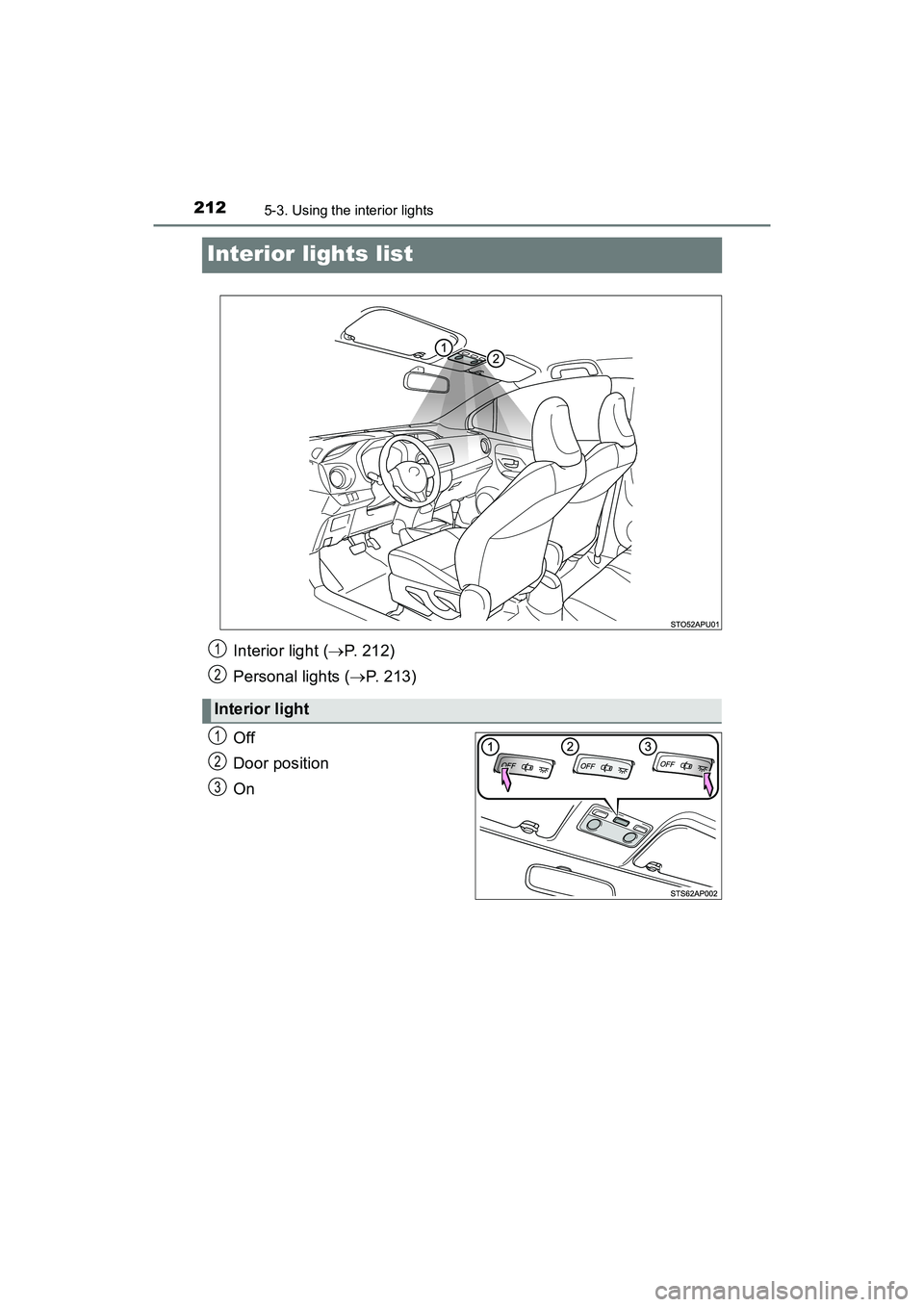 TOYOTA YARIS HATCHBACK 2017  Owners Manual 2125-3. Using the interior lights
YARIS_HB_OM_USA_OM52G64U
Interior lights list
Off
Door position
On
Interior light (P. 212)
Personal lights ( P. 213)
Interior light
1
2
1
2
3
YARIS_HB_OM_USA_OM