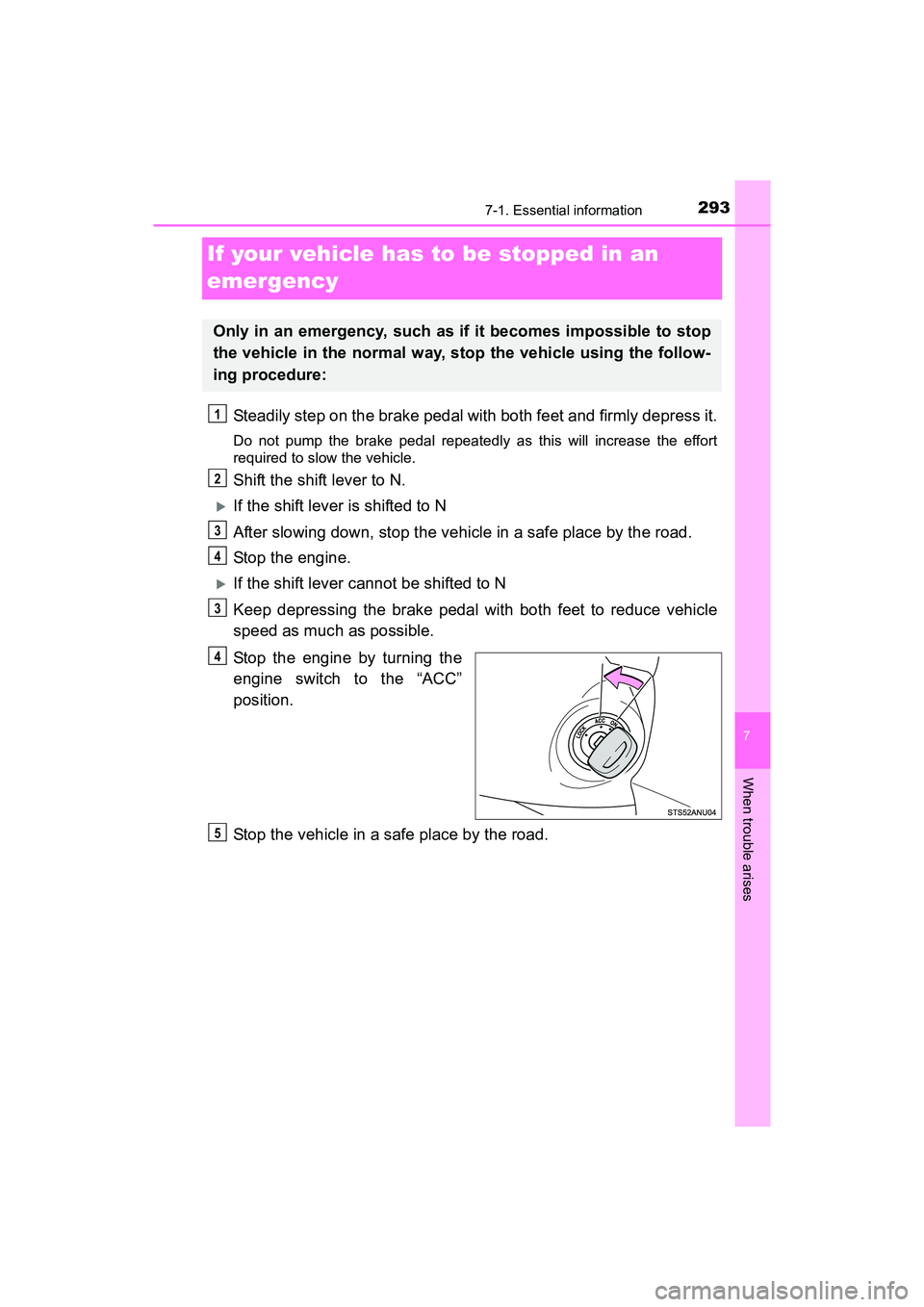 TOYOTA YARIS HATCHBACK 2017 Owners Manual 293
7
When trouble arises
7-1. Essential information
YARIS_HB_OM_USA_OM52G64U
If your vehicle has to be stopped in an
emergency
Steadily step on the brake pedal with both feet and firmly depress it.
TOYOTA YARIS HATCHBACK 2017 Owners Manual 293
7
When trouble arises
7-1. Essential information
YARIS_HB_OM_USA_OM52G64U
If your vehicle has to be stopped in an
emergency
Steadily step on the brake pedal with both feet and firmly depress it.