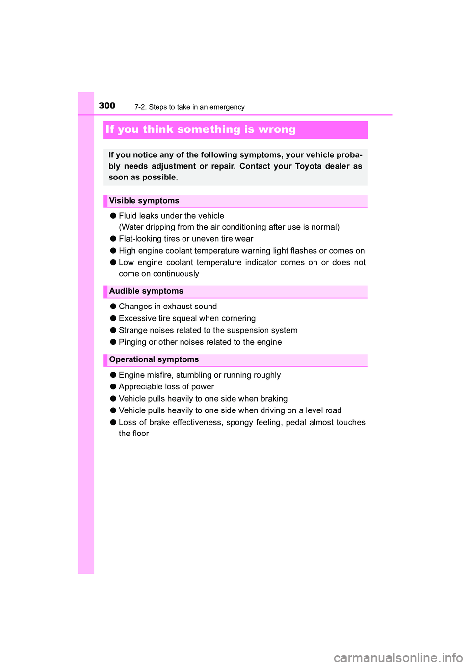 TOYOTA YARIS HATCHBACK 2017  Owners Manual 3007-2. Steps to take in an emergency
YARIS_HB_OM_USA_OM52G64U
If you think something is wrong
●Fluid leaks under the vehicle
(Water dripping from the air conditioning after use is normal)
● Flat-