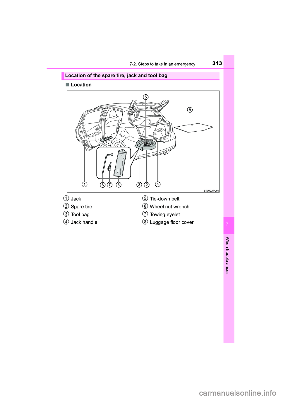 TOYOTA YARIS HATCHBACK 2017 Owners Manual 3137-2. Steps to take in an emergency
7
When trouble arises
YARIS_HB_OM_USA_OM52G64U■
Location
Location of the spare tire, jack and tool bag
Jack
Spare tire
To o l b a g
Jack handle
Tie-down belt
W TOYOTA YARIS HATCHBACK 2017 Owners Manual 3137-2. Steps to take in an emergency
7
When trouble arises
YARIS_HB_OM_USA_OM52G64U■
Location
Location of the spare tire, jack and tool bag
Jack
Spare tire
To o l b a g
Jack handle
Tie-down belt
W
