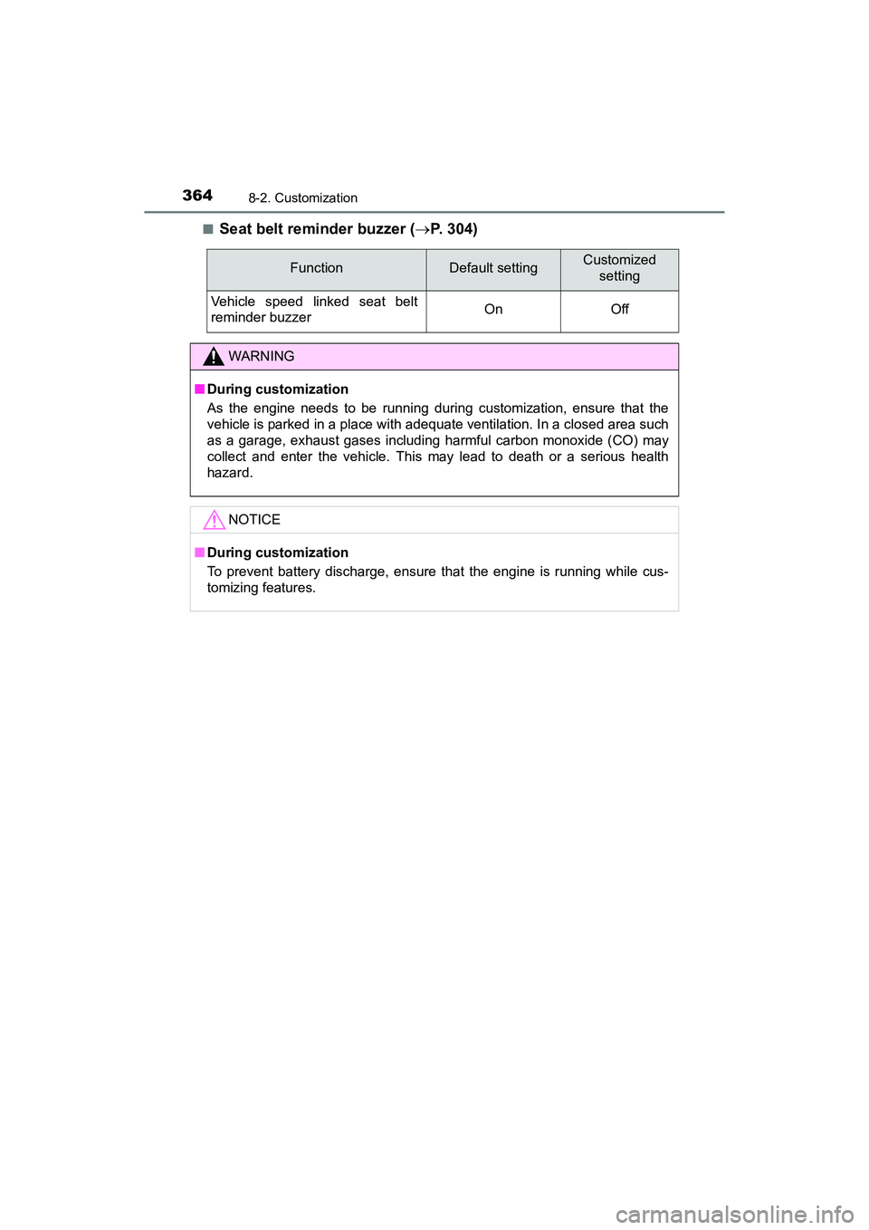 TOYOTA YARIS HATCHBACK 2017 Owners Manual 3648-2. Customization
YARIS_HB_OM_USA_OM52G64U■
Seat belt reminder buzzer (
P. 304)
FunctionDefault settingCustomized
setting
Vehicle speed linked seat belt
reminder buzzer On
Off
WARNING
■Duri TOYOTA YARIS HATCHBACK 2017 Owners Manual 3648-2. Customization
YARIS_HB_OM_USA_OM52G64U■
Seat belt reminder buzzer (
P. 304)
FunctionDefault settingCustomized
setting
Vehicle speed linked seat belt
reminder buzzer On
Off
WARNING
■Duri