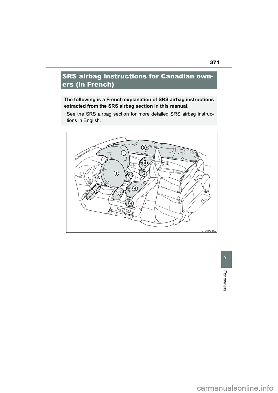 TOYOTA YARIS HATCHBACK 2017 Owners Manual 371
9
For owners
YARIS_HB_OM_USA_OM52G64U
SRS airbag instructions for Canadian own-
ers (in French)
The following is a French explanation of SRS airbag instructions
extracted from the SRS airbag secti TOYOTA YARIS HATCHBACK 2017 Owners Manual 371
9
For owners
YARIS_HB_OM_USA_OM52G64U
SRS airbag instructions for Canadian own-
ers (in French)
The following is a French explanation of SRS airbag instructions
extracted from the SRS airbag secti