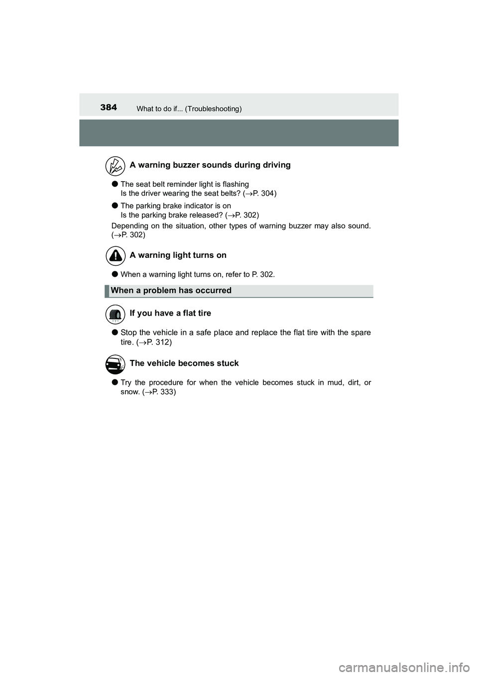 TOYOTA YARIS HATCHBACK 2017 Owners Manual 384What to do if... (Troubleshooting)
YARIS_HB_OM_USA_OM52G64U
●The seat belt reminder light is flashing
Is the driver wearing the seat belts? (P. 304)
●The parking brake indicator is on
Is t TOYOTA YARIS HATCHBACK 2017 Owners Manual 384What to do if... (Troubleshooting)
YARIS_HB_OM_USA_OM52G64U
●The seat belt reminder light is flashing
Is the driver wearing the seat belts? (P. 304)
●The parking brake indicator is on
Is t